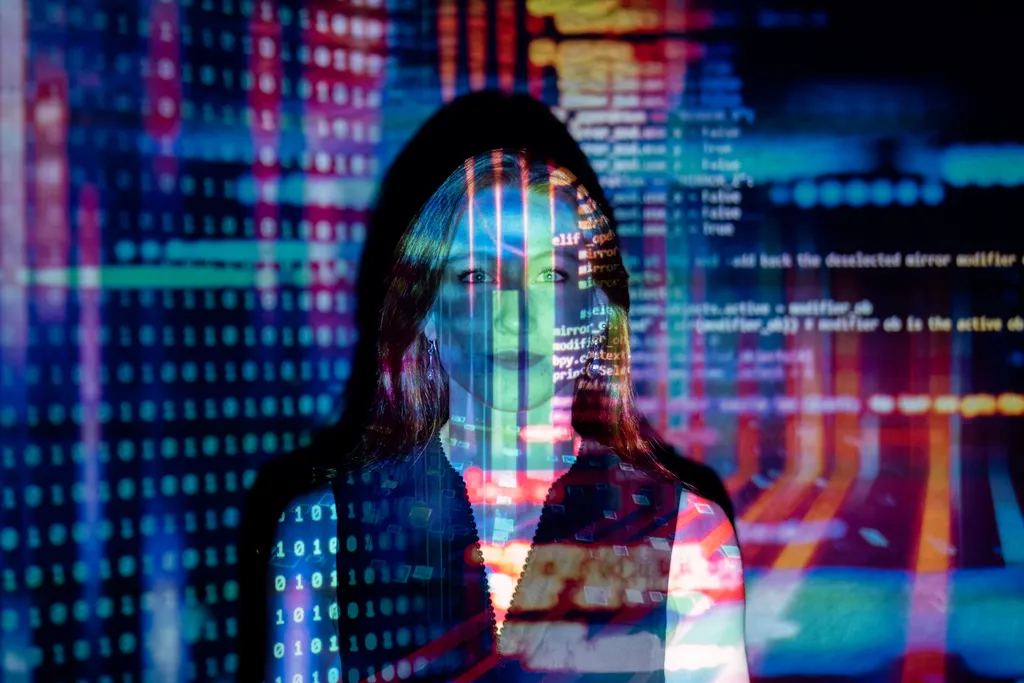 A person illuminated by colourful projected lines of code and data